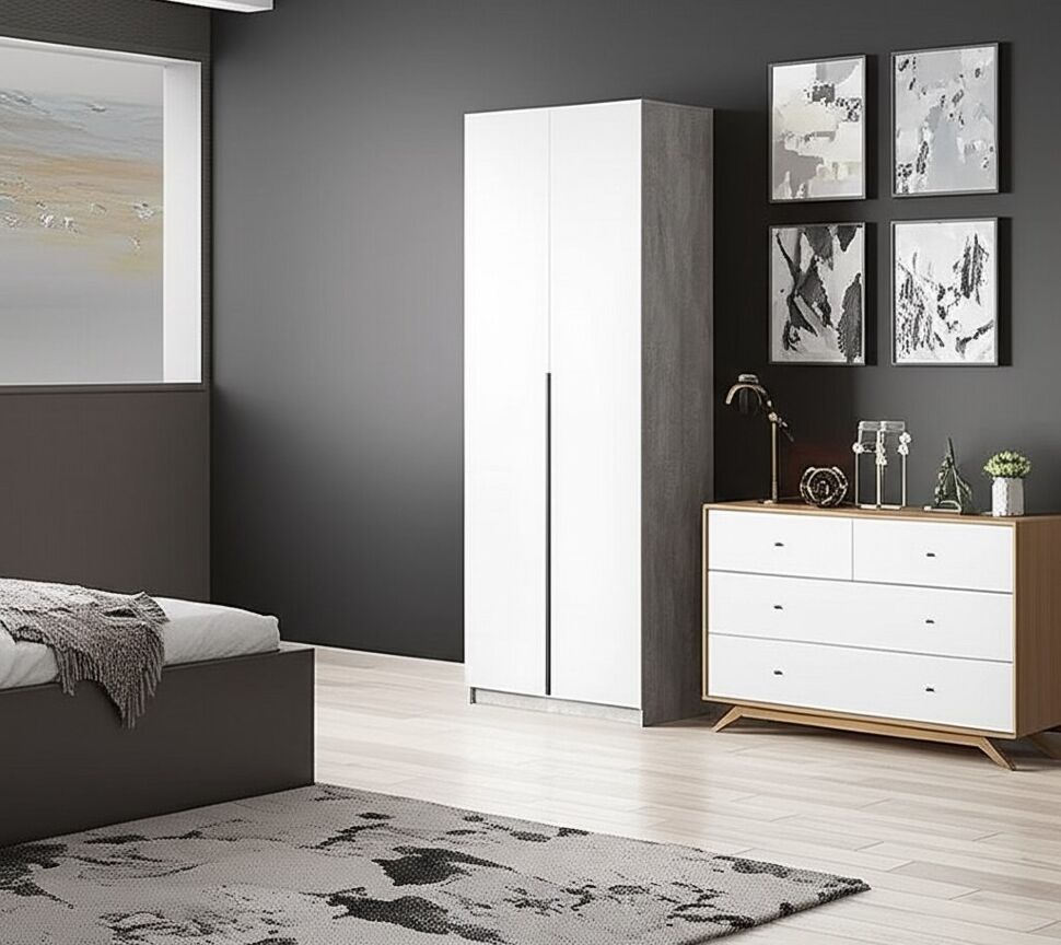 Шкаф распашной ШК 5 (800), Цемент светлый, Белый шагрень