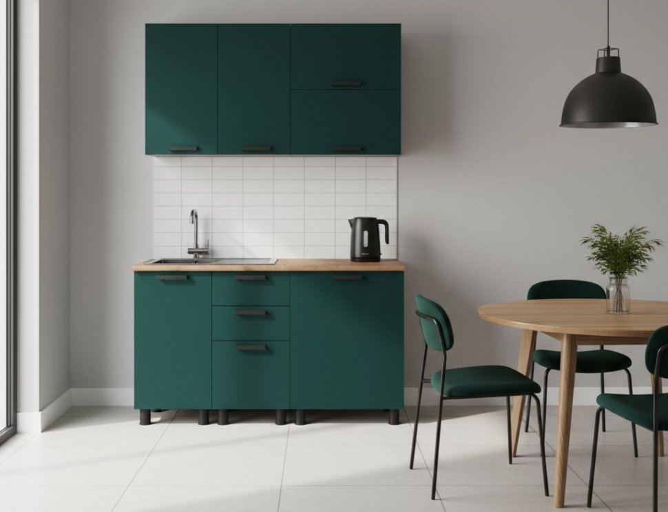 Кухня Аленушка 1,4м с ящ. Лаванда Изумруд,скоба черный,сонома