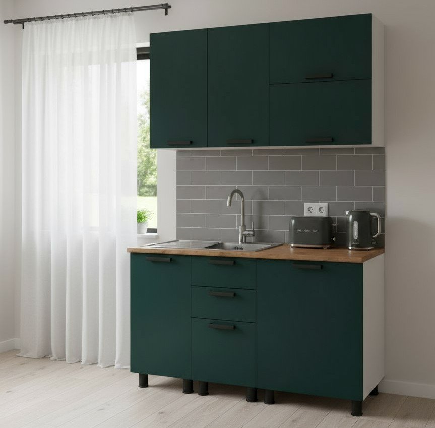 Кухня Аленушка 1,4м с ящ. Лаванда Изумруд,скоба черный,сонома