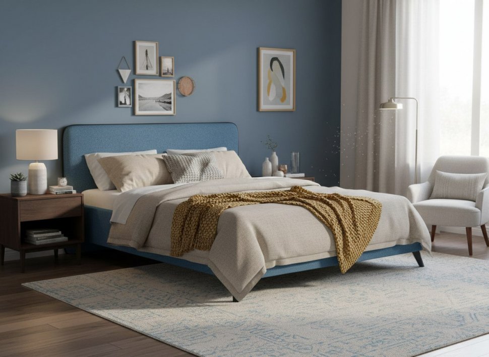 Миа кровать 160 Bravo blue (светло-синий) / кант Лайт 10 Велюр (коричневый)