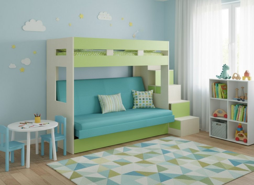 Карамель 75-01 Кровать-чердак Зеленый / Бодега светлый / Велюр Морская волна