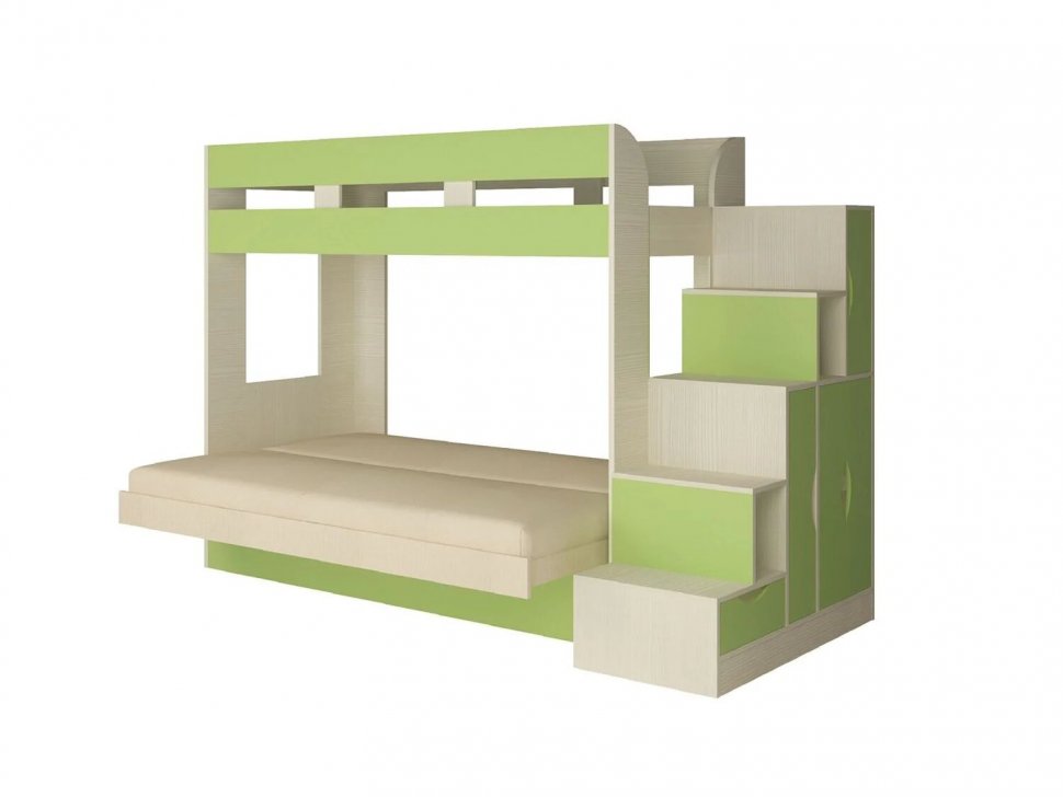 Карамель 75-01 Кровать-чердак Зеленый / Бодега светлый / Велюр Кремовый