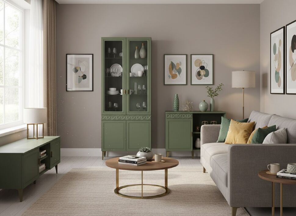 Марион шкаф-витрина 16.397.02 Дымчатый зеленый / Олива шагрень