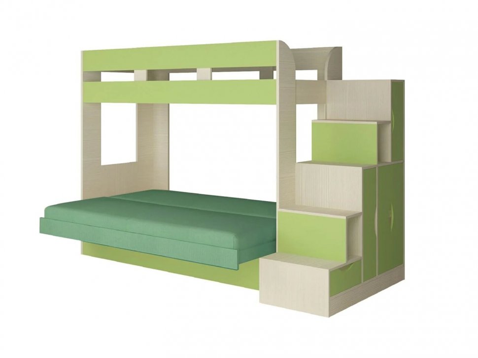 Карамель 75-01 Кровать-чердак Зеленый / Бодега светлый / Велюр Зеленый