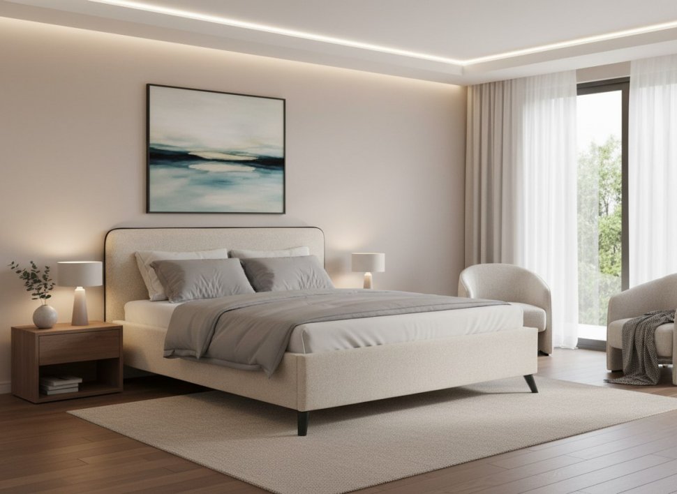 Миа кровать 160 Bravo white (светло-бежевый) / кант Лайт 10 Велюр (коричневый)