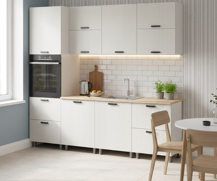 Кухня Аленушка 2,4м Лотос Молочный,скоба антрацит,сонома