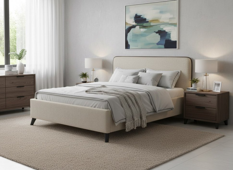 Миа кровать 140 Bravo white (светло-бежевый) / кант Лайт 10 Велюр (коричневый)