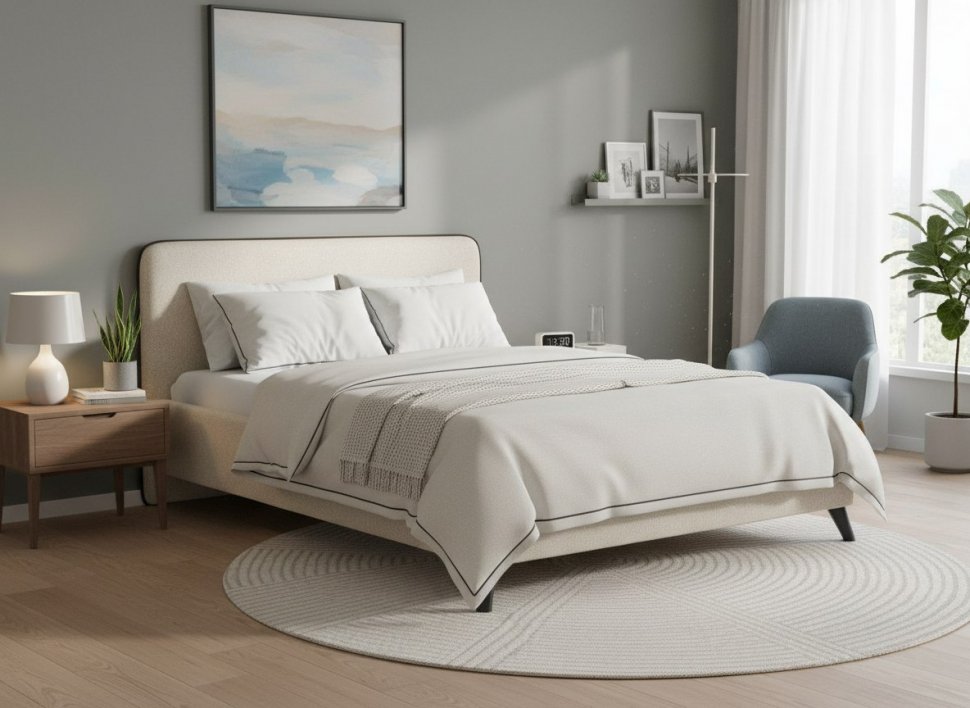 Миа кровать 140 Bravo white (светло-бежевый) / кант Лайт 10 Велюр (коричневый)