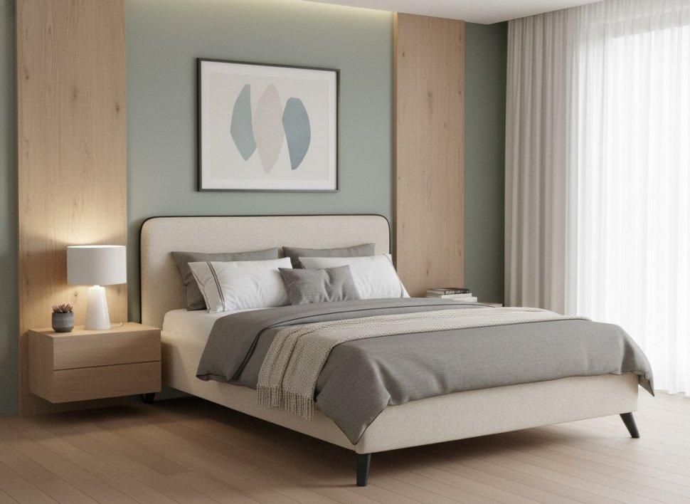 Миа кровать 140 Bravo white (светло-бежевый) / кант Лайт 10 Велюр (коричневый)