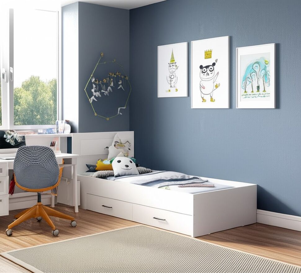 Кровать одинарная с ящиками Бали, Белый шагрень