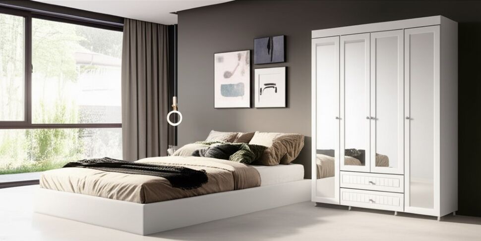 Шкаф 4-х дверный с ящиками и 4-я зеркалами Монако МН-64 белое дерево