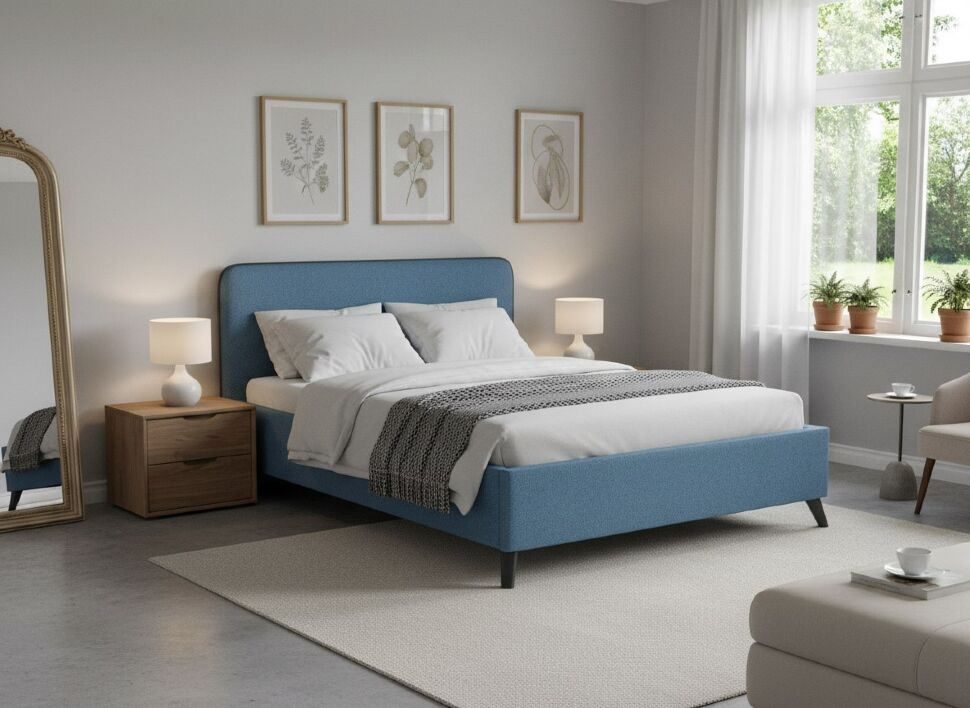 Миа кровать 140 Bravo blue (светло-синий) / кант Лайт 10 Велюр (коричневый)