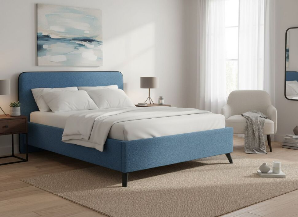 Миа кровать 140 Bravo blue (светло-синий) / кант Лайт 10 Велюр (коричневый)