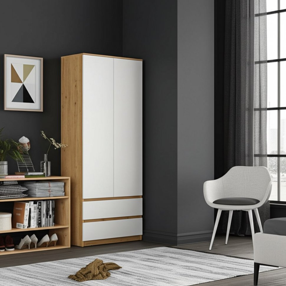 Шкаф для одежды и белья Денвер, Дуб золотой, Белый