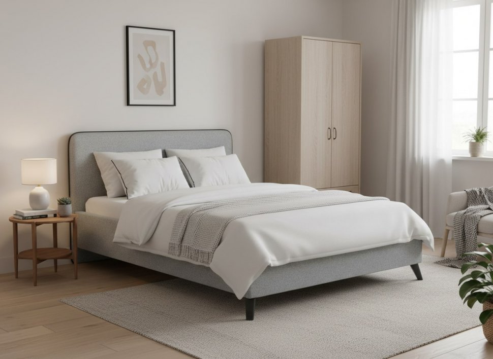 Миа кровать 140 Bravo grey (серый) / кант Лайт 10 Велюр (коричневый)