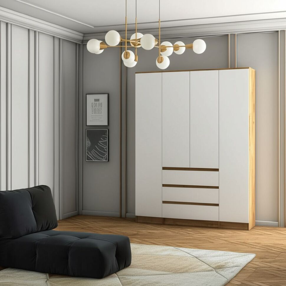 Шкаф для одежды и белья 4х дверный Денвер, Дуб золотой, Белый