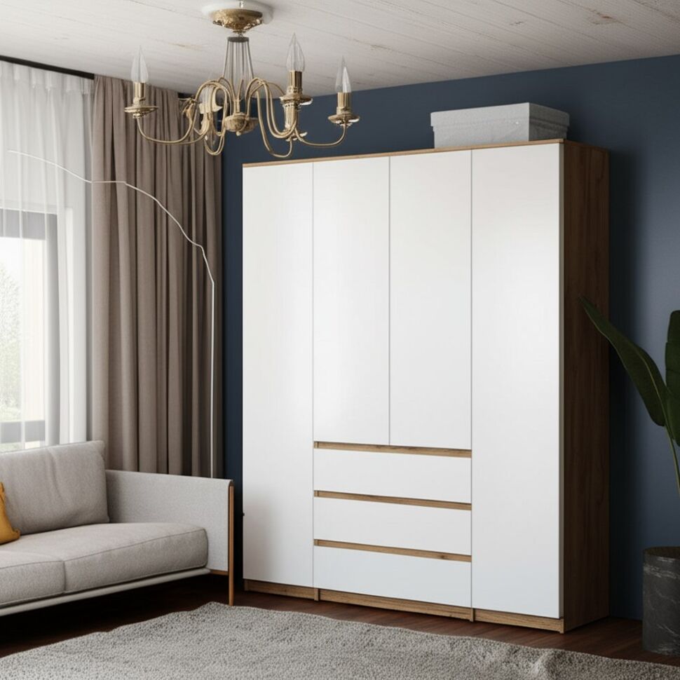 Шкаф для одежды и белья 4х дверный Денвер, Дуб золотой, Белый