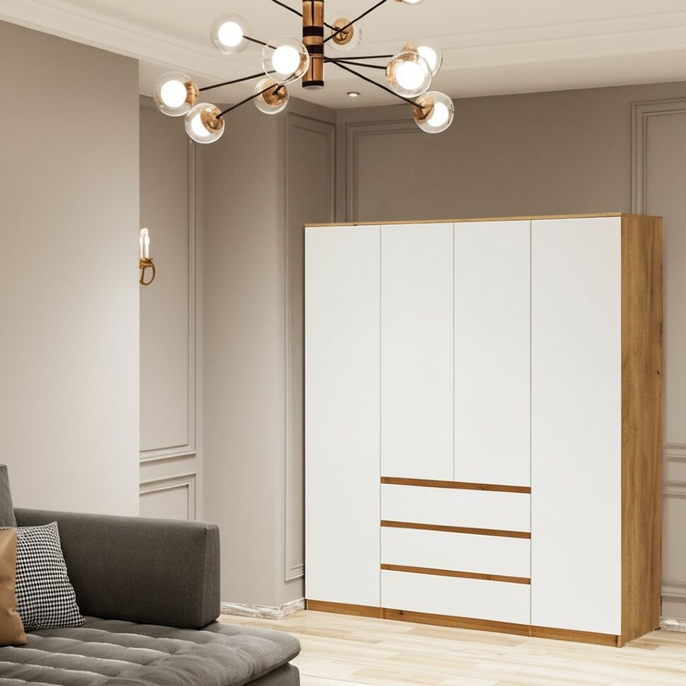 Шкаф для одежды и белья 4х дверный Денвер, Дуб золотой, Белый