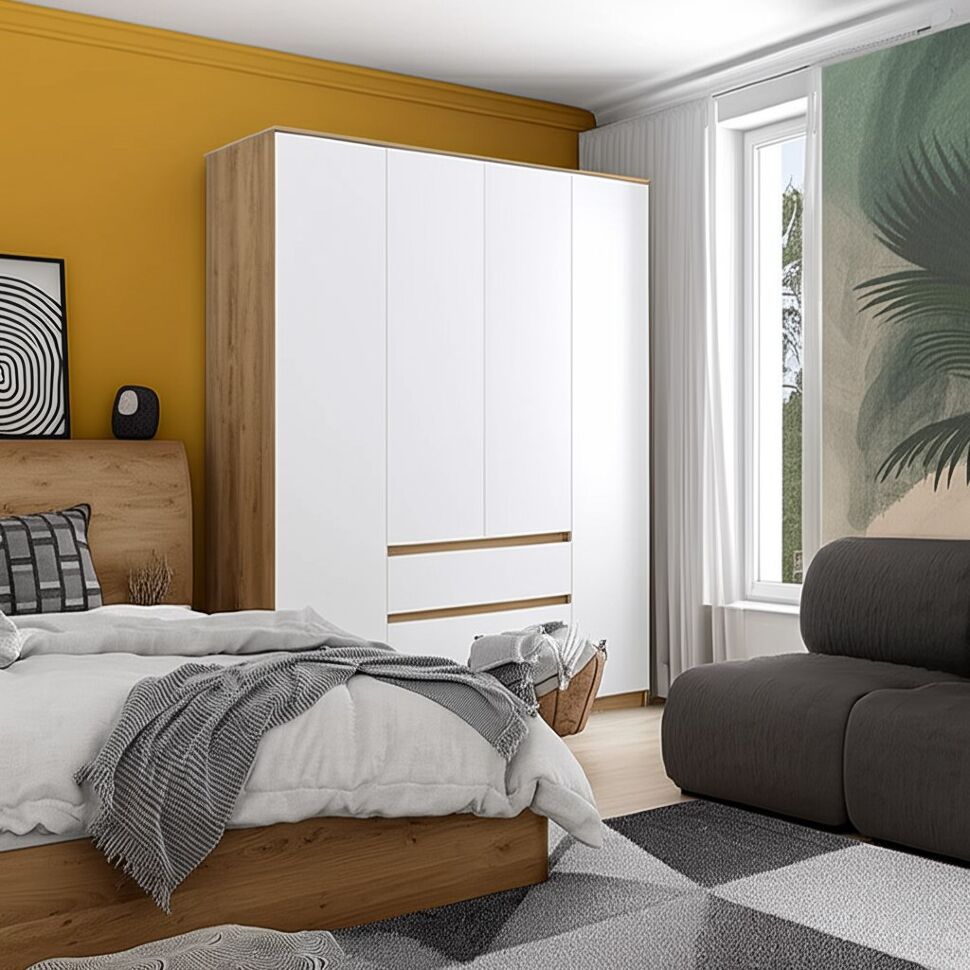 Шкаф для одежды и белья 4х дверный Денвер, Дуб золотой, Белый