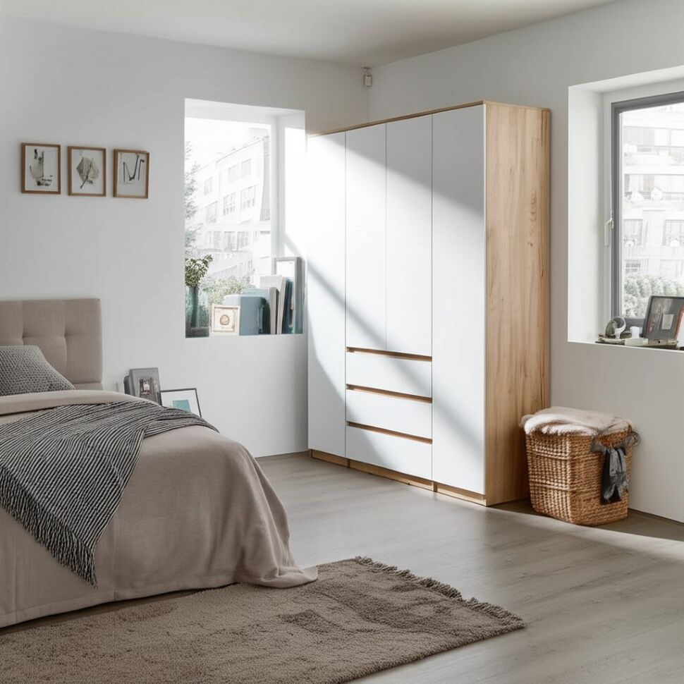 Шкаф для одежды и белья 4х дверный Денвер, Дуб золотой, Белый