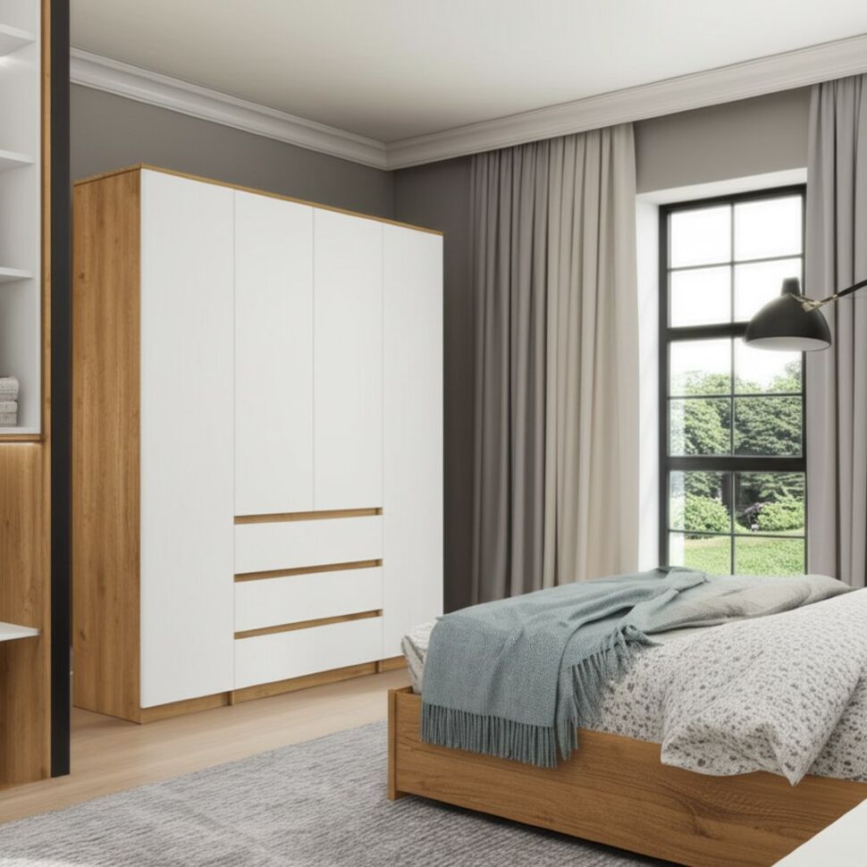 Шкаф для одежды и белья 4х дверный Денвер, Дуб золотой, Белый