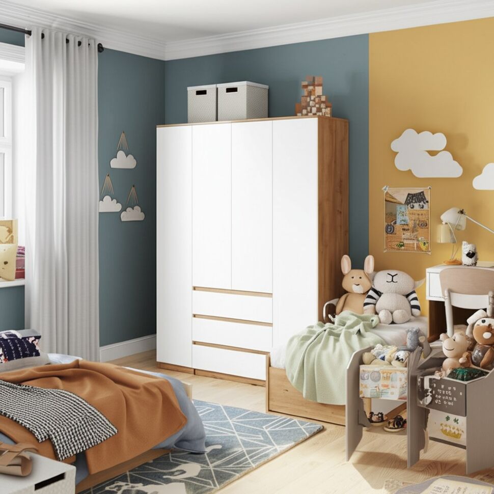 Шкаф для одежды и белья 4х дверный Денвер, Дуб золотой, Белый