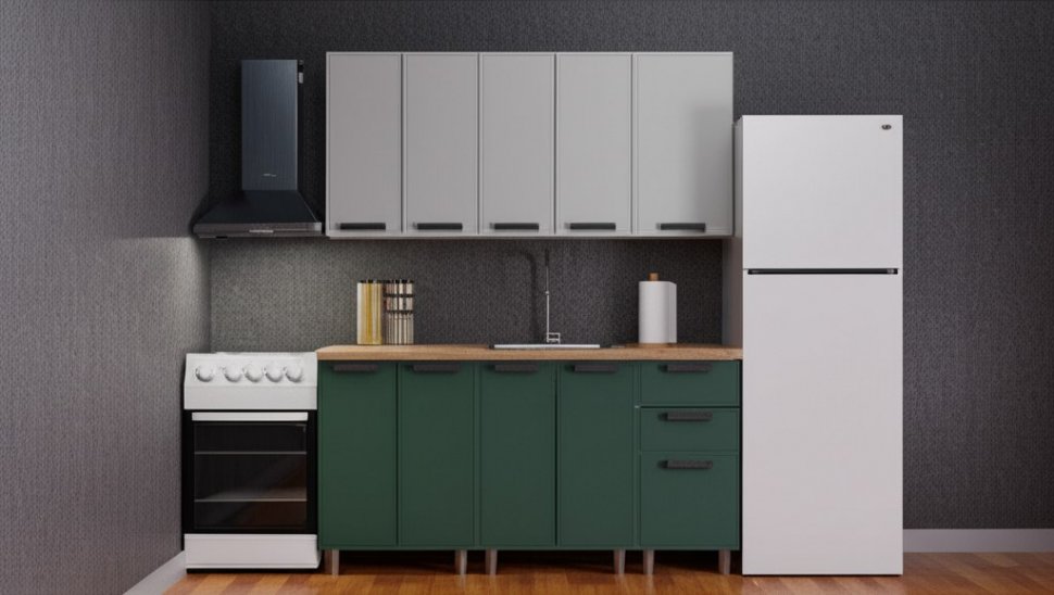 Кухня Аленушка 1,6 м Магнолия Керамика/Изумруд,скоба черный,сонома