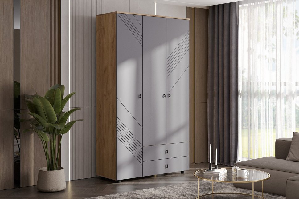 Шкаф трехстворчатый с ящиками Байкал, Дуб Золотой, Графит