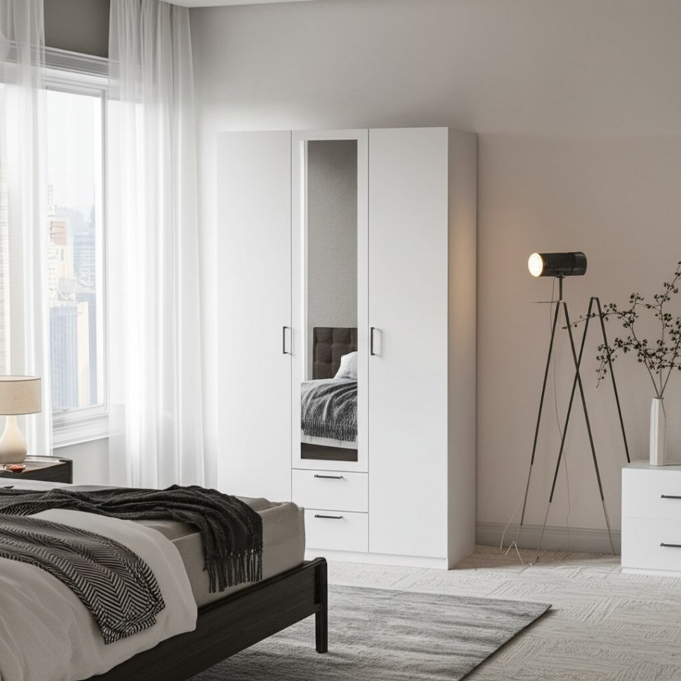 Шкаф трехстворчатый Бали, Белый шагрень