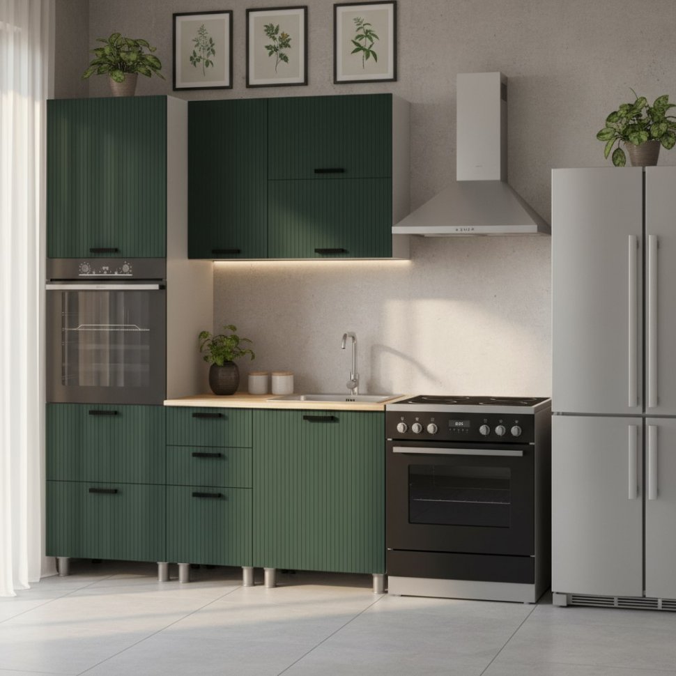 Кухня Аленушка 1,6 м ПД 2 Лотос Изумруд,скоба антрацит,сонома