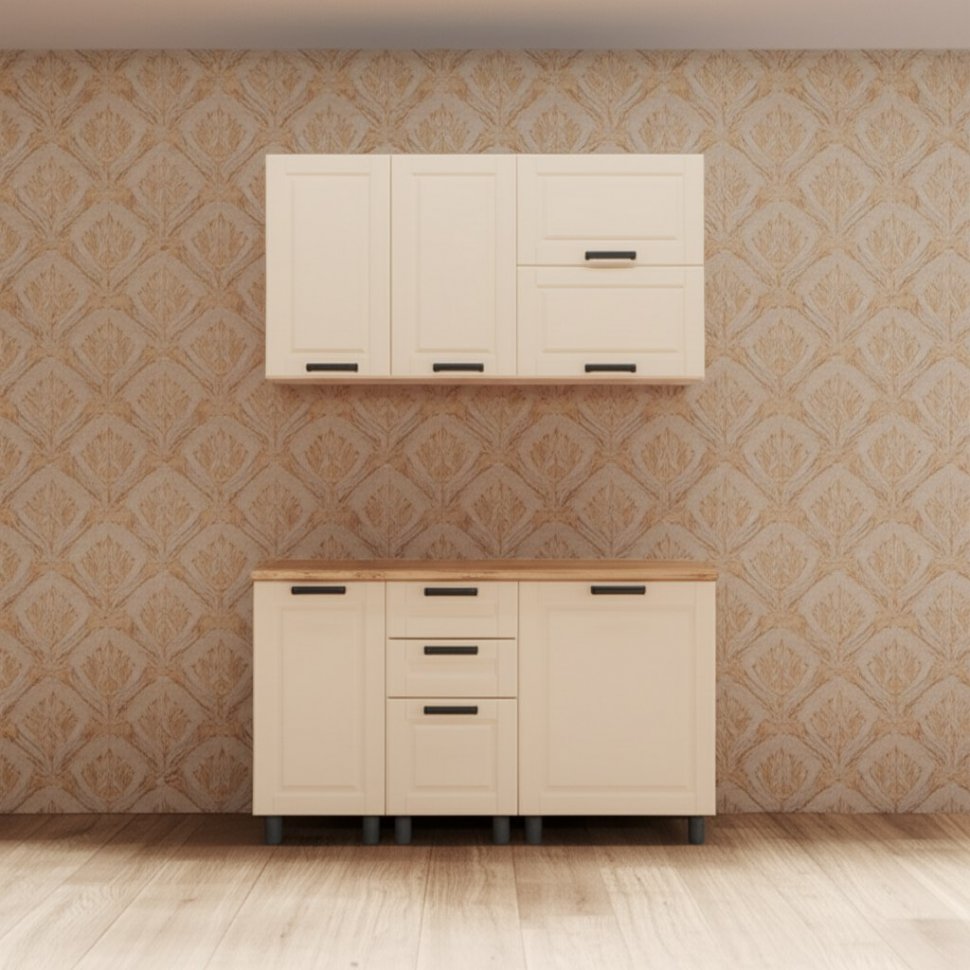 Кухня Аленушка 1,4 м с ящ. Астра Крем,скоба черный,сонома