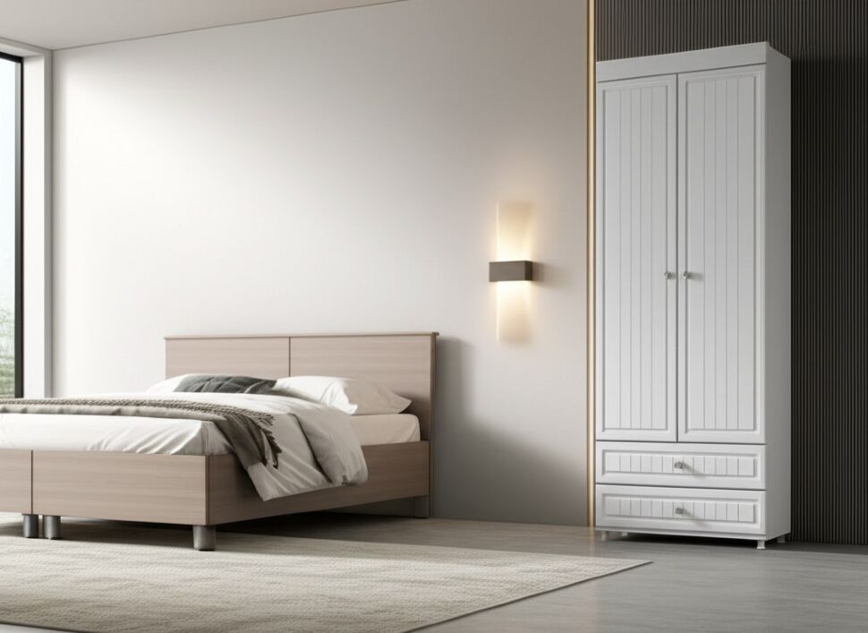 Шкаф 2-х дверный с ящиками (гл.410) Монако МН-44 белое дерево