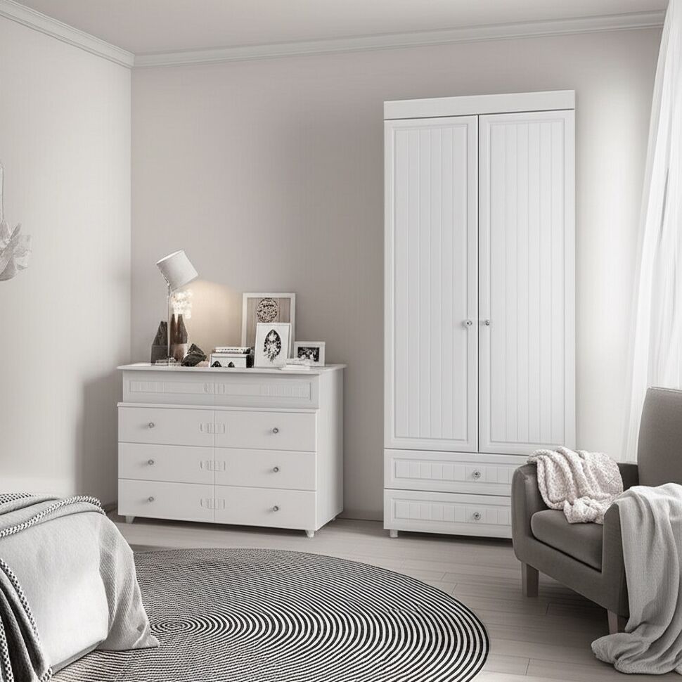 Шкаф 2-х дверный с ящиками (гл.410) Монако МН-44 белое дерево