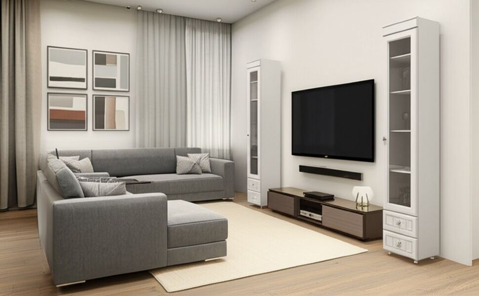 Шкаф-пенал 1дв. (гл.410) со стеклом и ящиками Монако МН-31 белое дерево