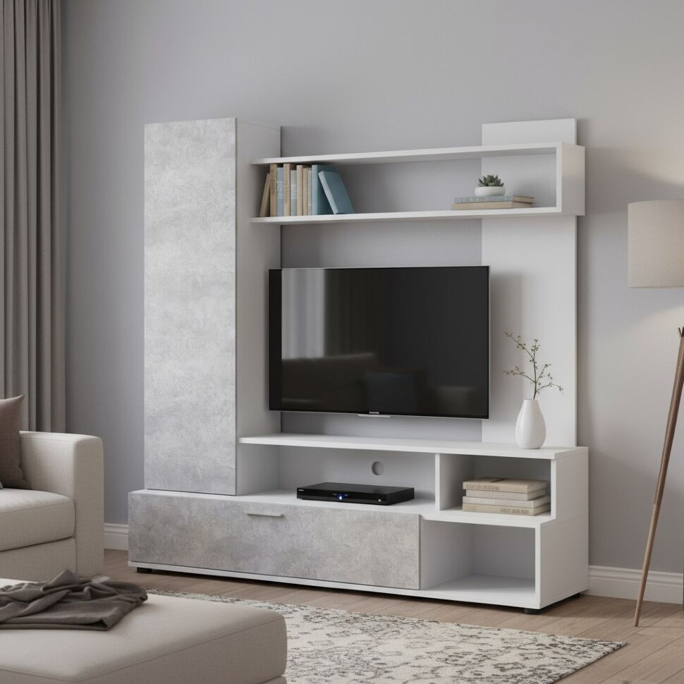 Стенка в гостиную МГС 9, белый/цемент светлый