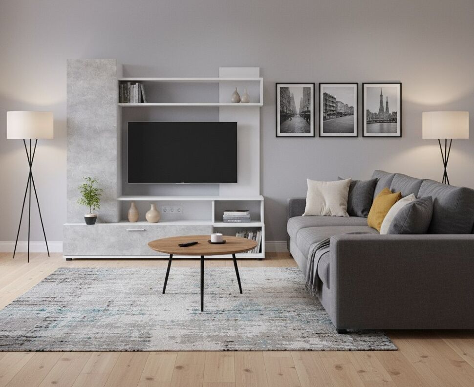 Стенка в гостиную МГС 9, белый/цемент светлый