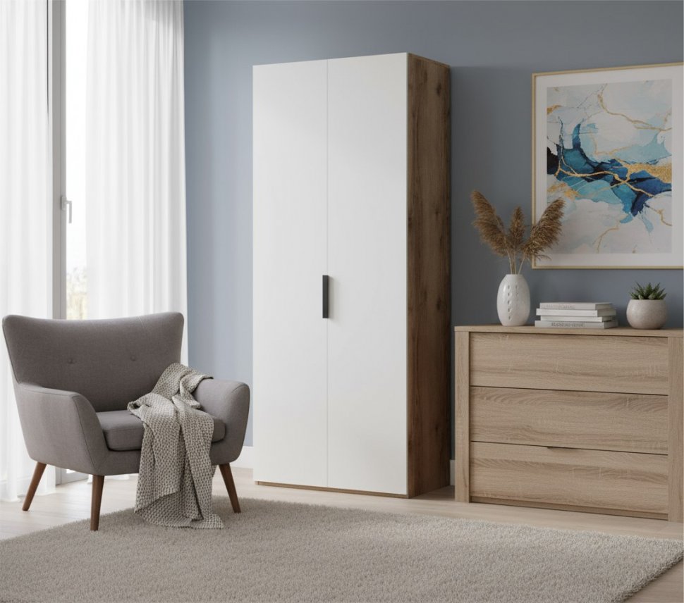 Харди шкаф двухдверный глухой Дуб Делано Темный / Белый