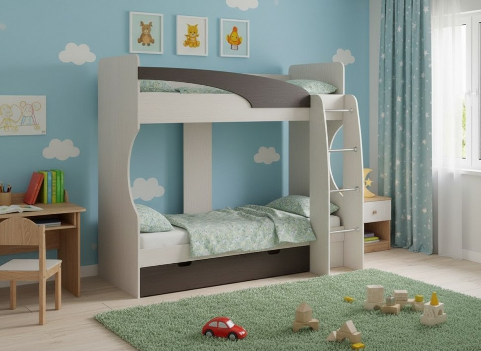 Карамель 77-02 кровать-чердак 2х этажная Ясень Анкор светлый / Бодега темный