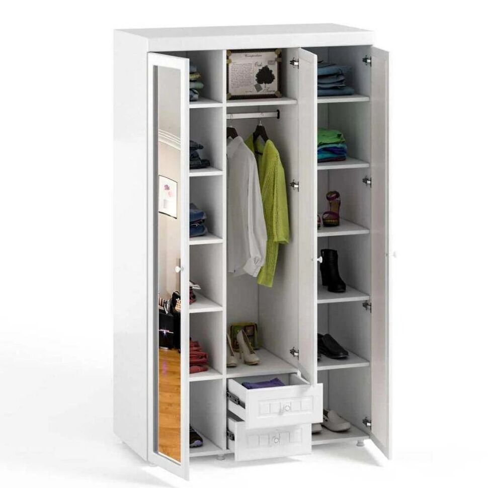 Шкаф 3-х дверный с ящиками и 3-я зеркалами Монако МН-58 белое дерево