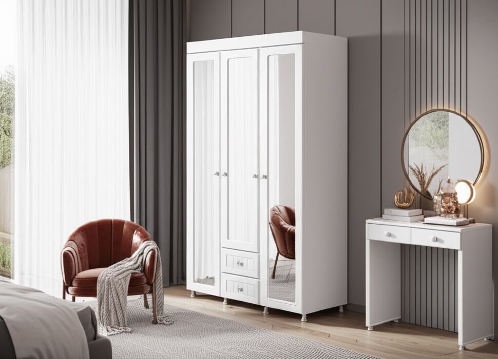 Шкаф 3-х дверный с ящиками и 3-я зеркалами Монако МН-58 белое дерево