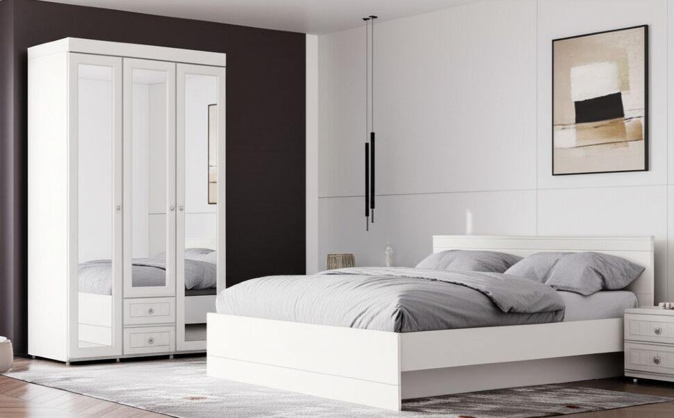 Шкаф 3-х дверный с ящиками и 3-я зеркалами Монако МН-58 белое дерево