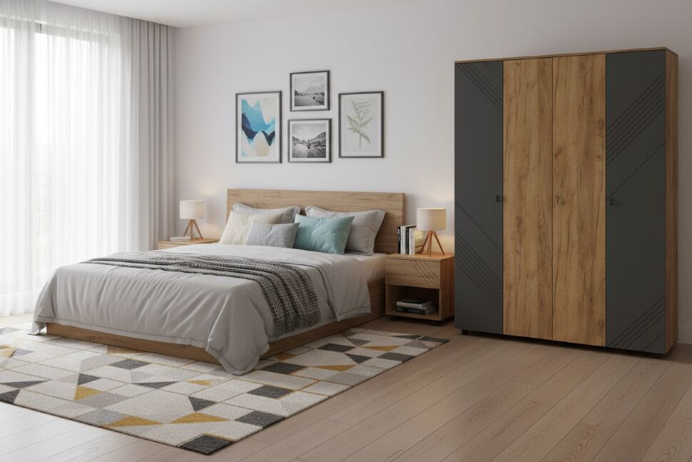 Шкаф четырехстворчатый Байкал, Дуб Золотой, Графит