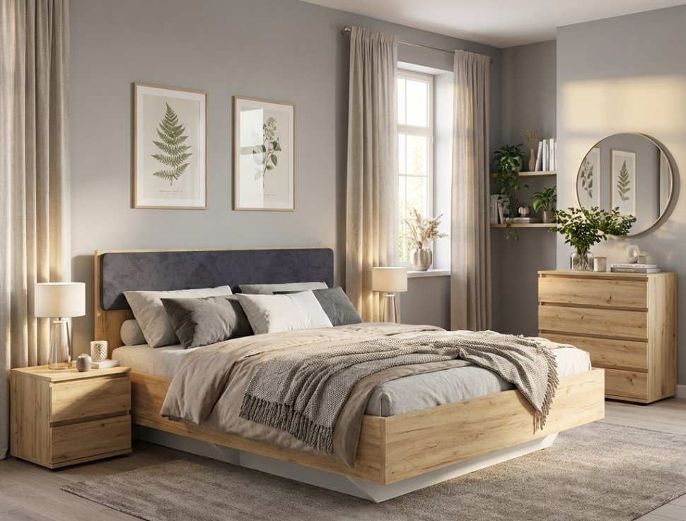 НМ 011.56 Кровать Оттавия Антрацит/Дуб золотой/Велюр Ультра Графит