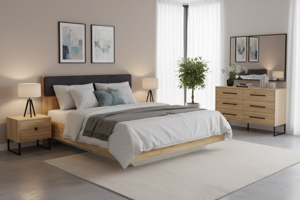 НМ 011.56 Кровать Оттавия Антрацит/Дуб золотой/Велюр Ультра Графит