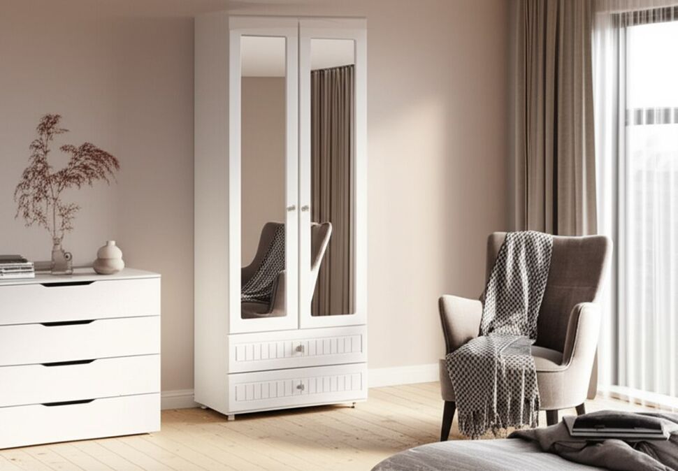 Шкаф 2-х дверный с зеркалами и ящиками (гл.410) Монако МН-45 белое дерево