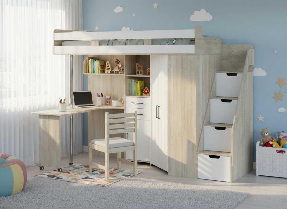 Карамель 77-03 кровать-чердак 2х этажная Дуб Сонома / Белый