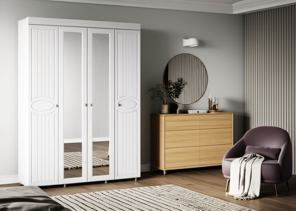 Шкаф 4-х дверный с 2-я зеркалами Монако МН-60 белое дерево