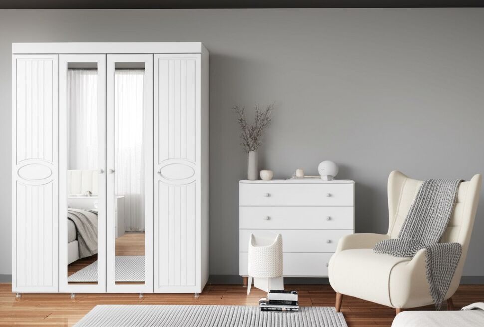 Шкаф 4-х дверный с 2-я зеркалами Монако МН-60 белое дерево