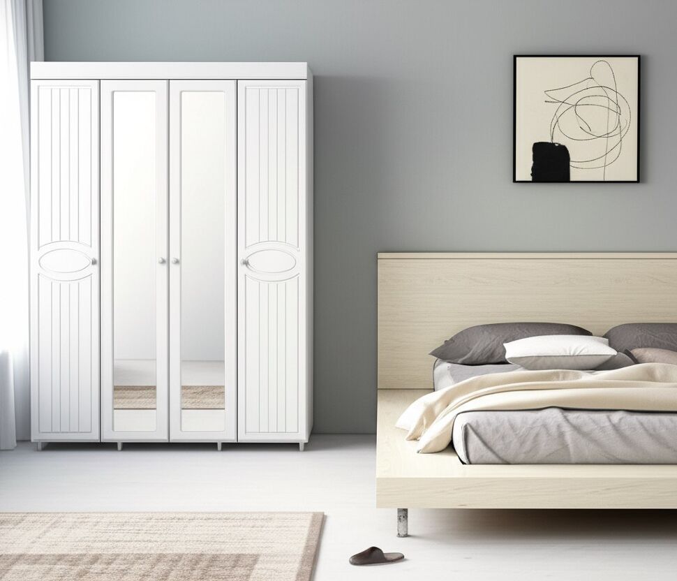 Шкаф 4-х дверный с 2-я зеркалами Монако МН-60 белое дерево