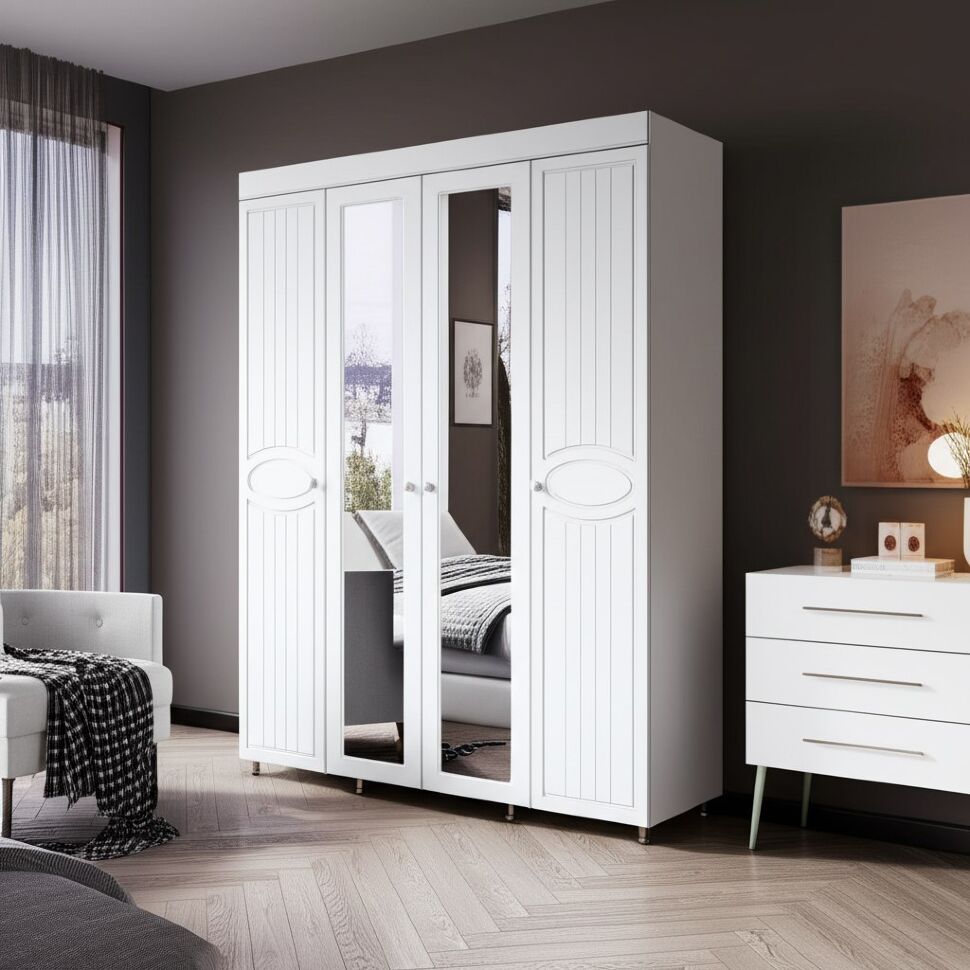 Шкаф 4-х дверный с 2-я зеркалами Монако МН-60 белое дерево